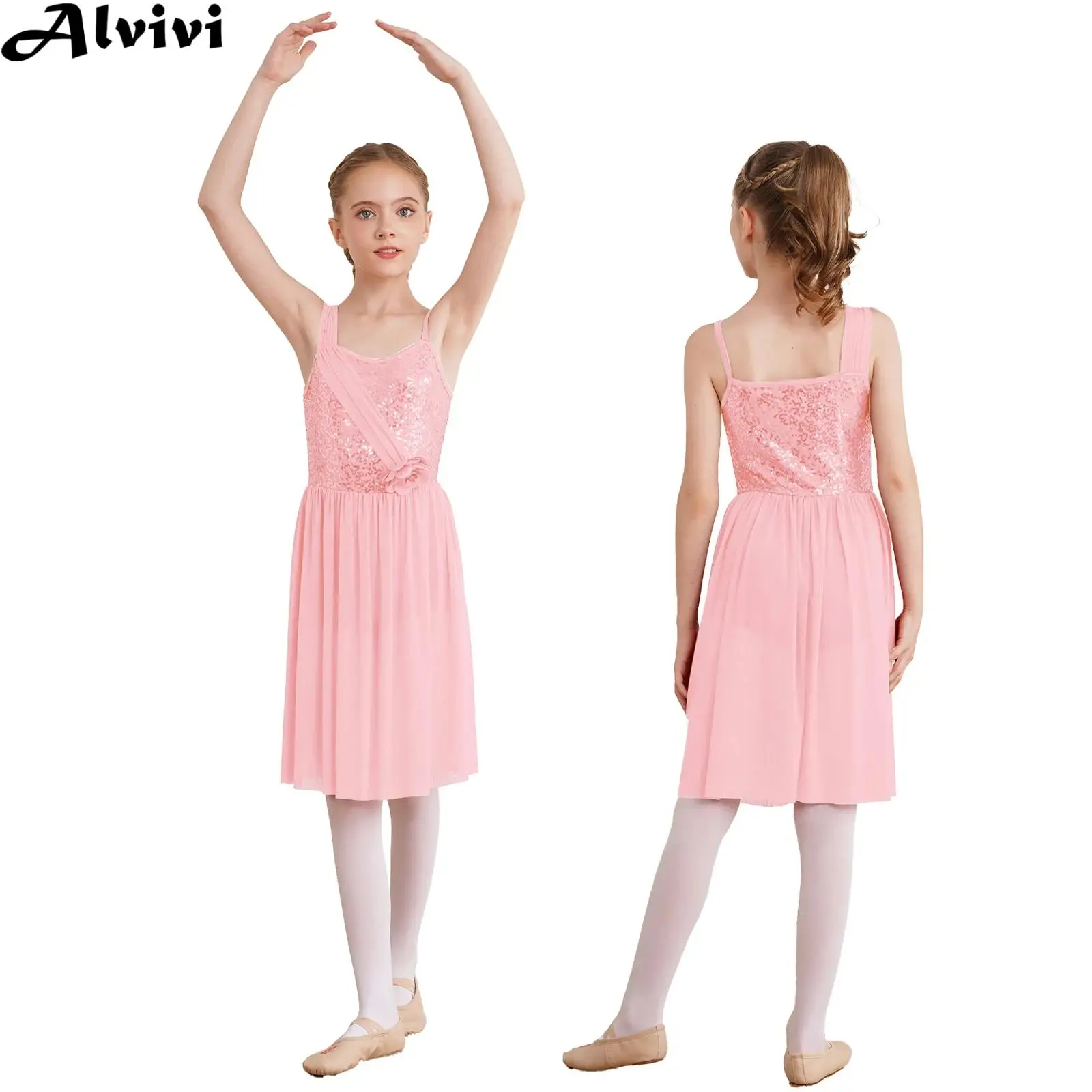 6-16Y Girl Modern Lyrical Dance Figure Skating Gymnastics Ballet Leotard Dress Sleeveless Sequin Dancewear for Stage Performance