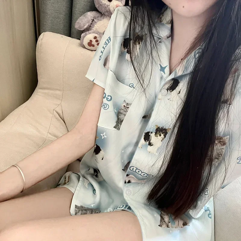 Blue New Cartoon Cat Cute Pet Short Sleeve Shorts Pajamas Comfortable Home Clothes Kawaii Korean Stylish Home Clothes Satin Silk