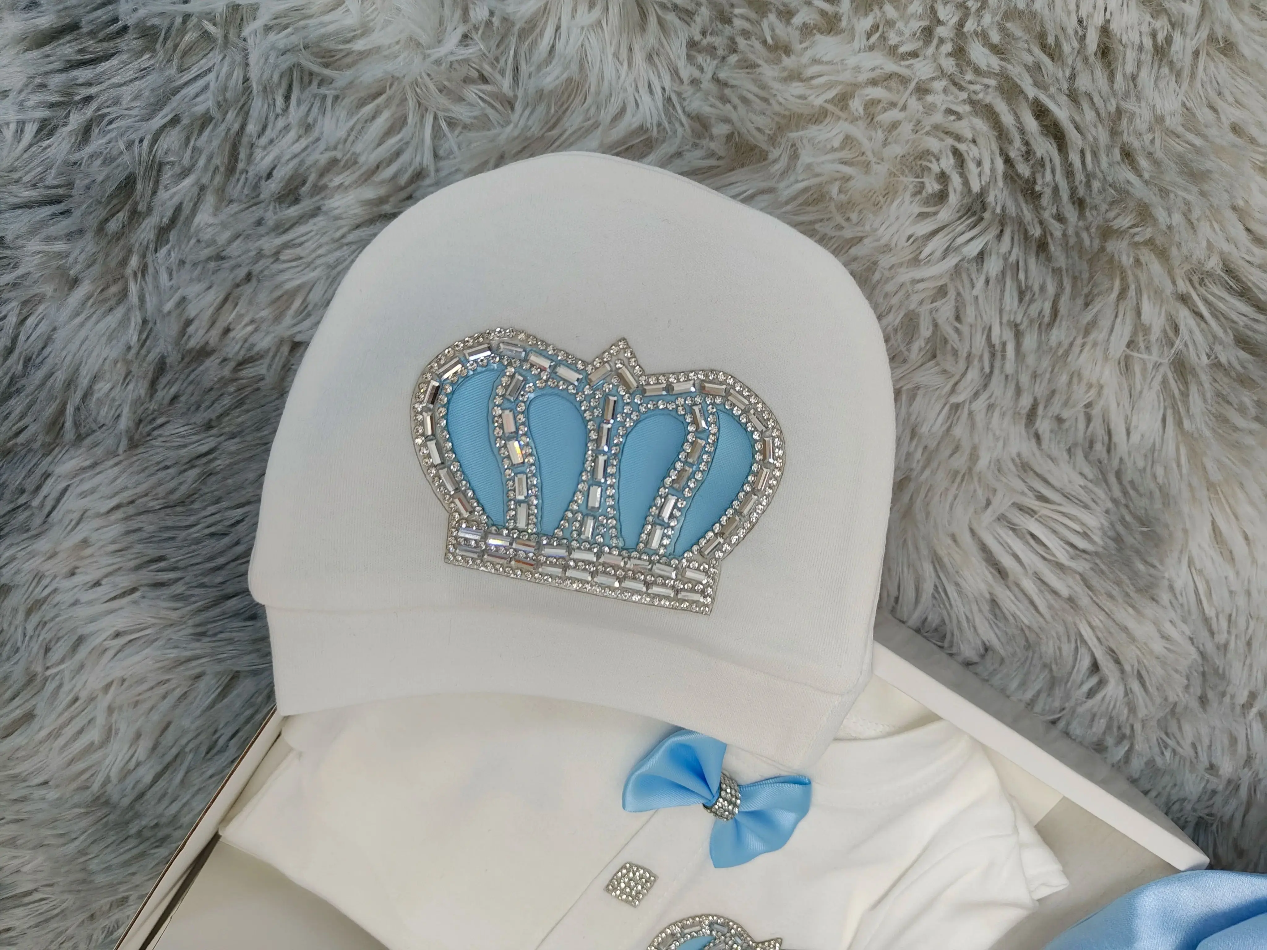 Royal Baby Boy Prince Style 5Pcs Blue White Rhinestone Footed Romper Christening Baptism Formal Suit Hat Shoes view 3