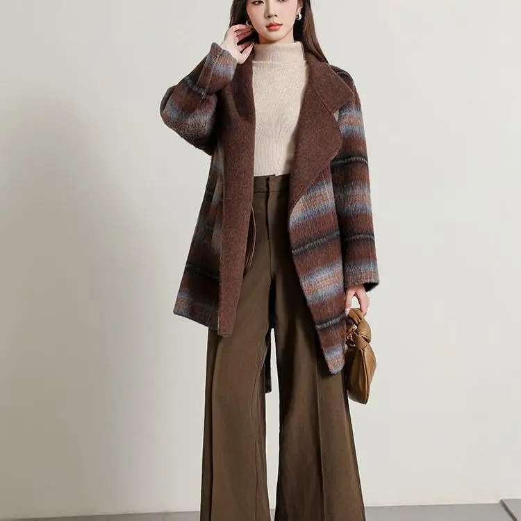 2024 Autumn/Winter Fashion Checkered Double sided Cashmere Coat for Women, Medium to Long, High end, Yak Fleece Coat