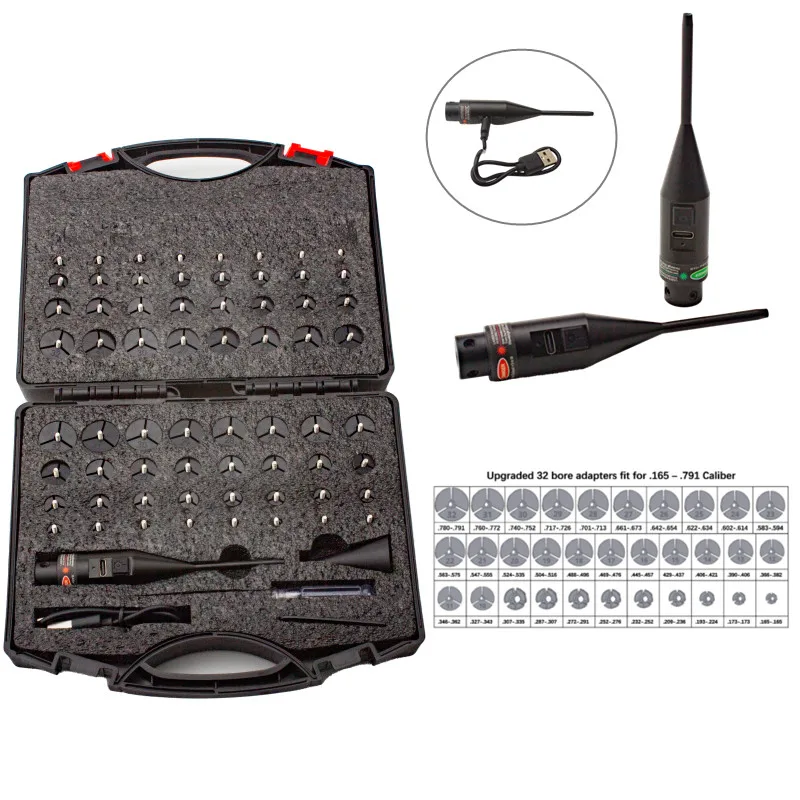 

Rechargeable Bore Sight Laser for .17-12GA Red/Green Laser Boresighter Kit with Multiple Adapters Professional Bore Sight Kit