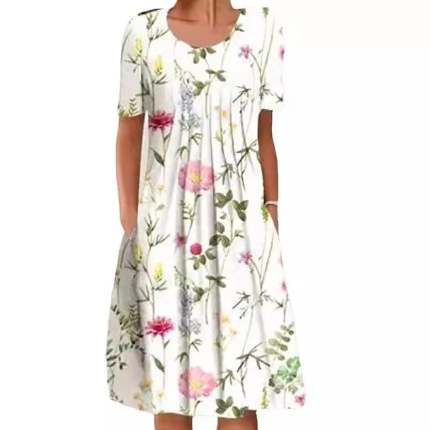 Nuovo 2025 Manica corta da donna Stampa floreale Abiti vintage O-Collo Abbigliamento estivo femminile Elegante abito longuette ampio altalena