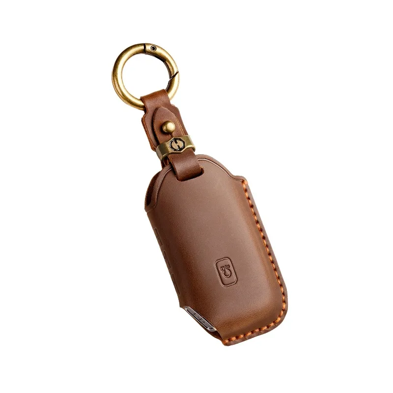 Leder-Schlüsselhülle für Kia Sportage Sorento Seltos K3/K5, Echtes Rindsleder-Schlüsseletui mit Metallhaken, Orange-Design mit Ziernähten – Detail 8