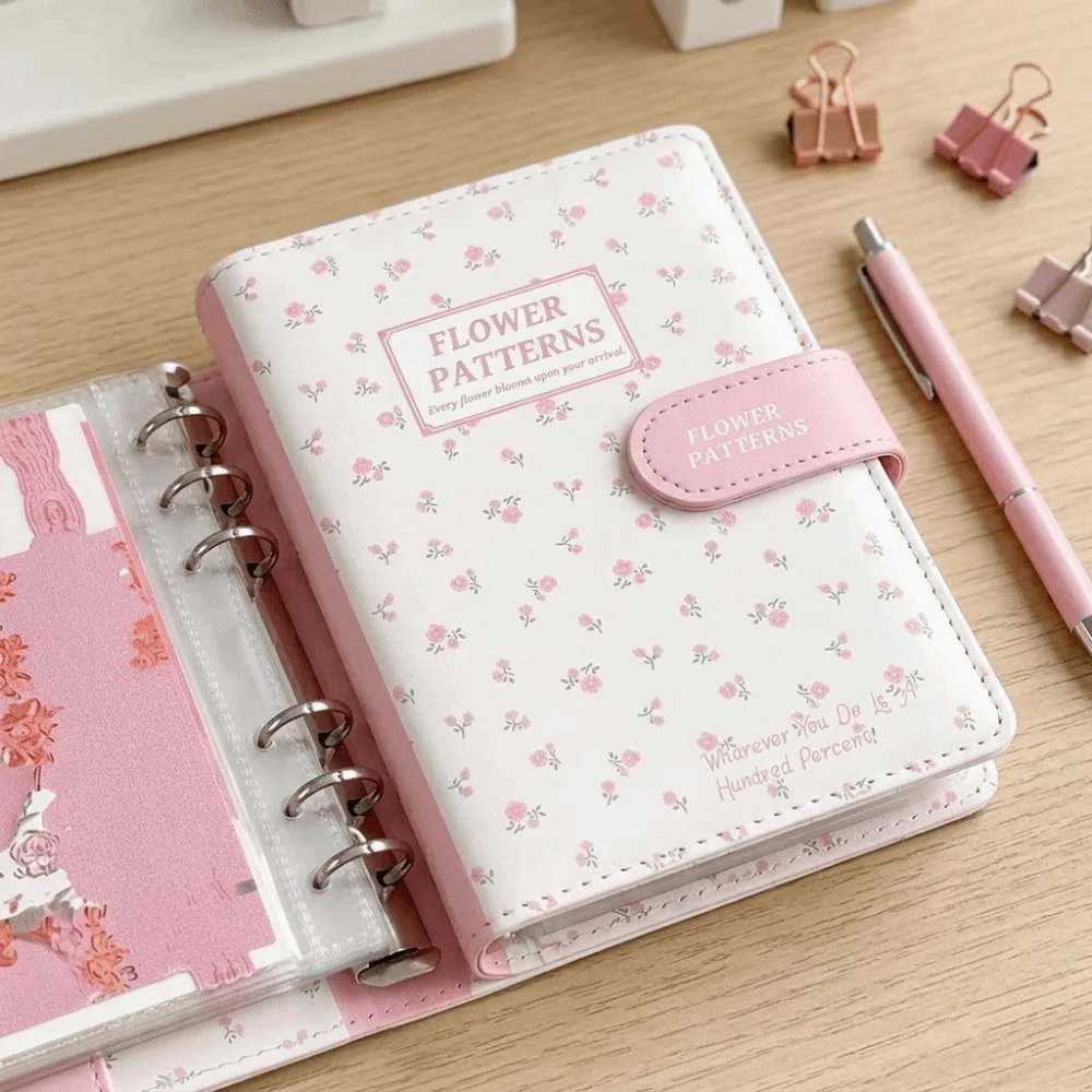 PU Leather Money Saving Binder Loose Leaf a6 Size Cute Flowers Budget Binder Compact Pink Cash Saving Organizer School Supplies