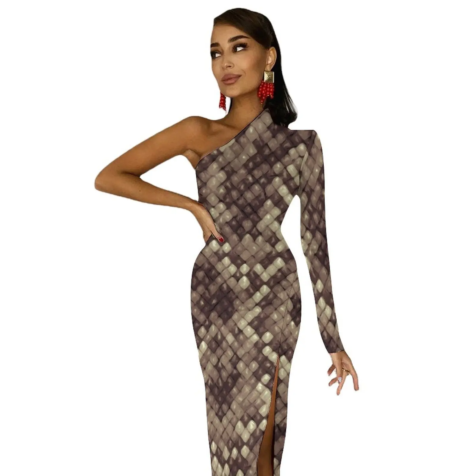 Snakeskin Python Long Dress Women Animal Print Party Maxi Dress Spring Pretty Bodycon Dresses High Slit Printed Vestido