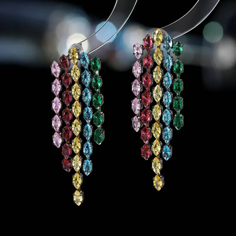 OKILY Fashion High-end Colored Zircon Tassel Drop Earring for Women Trend Ear Rings Wholesale  Korean Earrings Dangle Jewelry