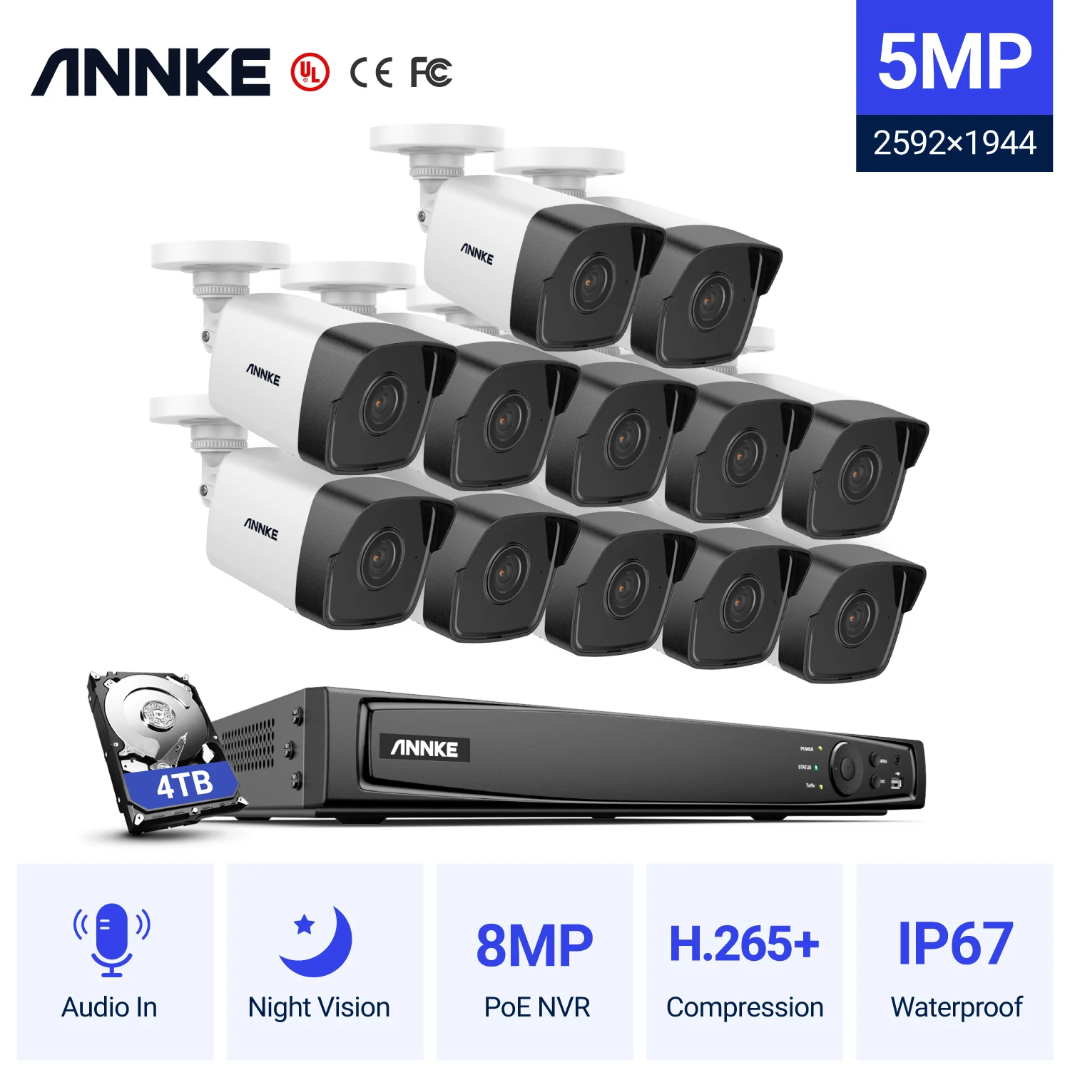 ANNKE H.265+ 4K 16Ch POE NVR Security Camera System 12pcs 5MP Surveillance Camera CCTV System with 4TB Hard Drive