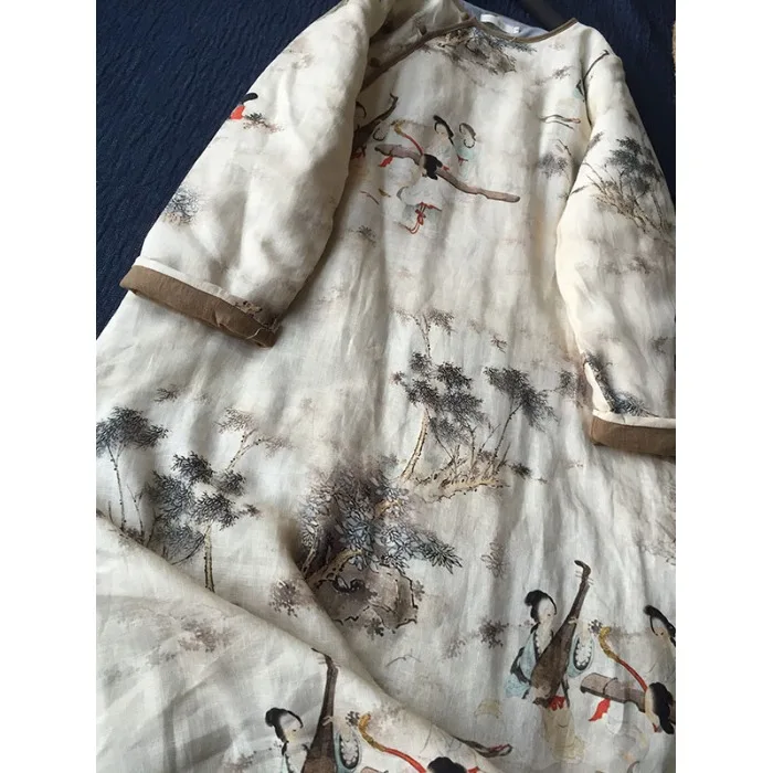 Nuevo chino Sle Zen Tea Dr mujer Otoño Invierno estampado Retro abotonado mezcla de algodón y lino longitud media de una sola pieza Dr