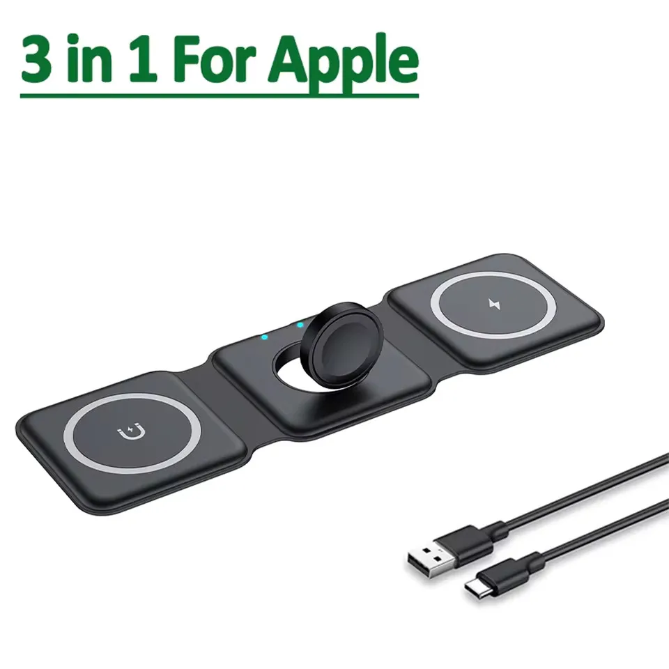 3 في 1 وسادة شاحن لاسلكية مغناطيسية قاعدة شحن سريعة لهاتف iPhone 17 16 15 14 13 Pro Max Apple Watch 9 8 AirPods محطة شحن