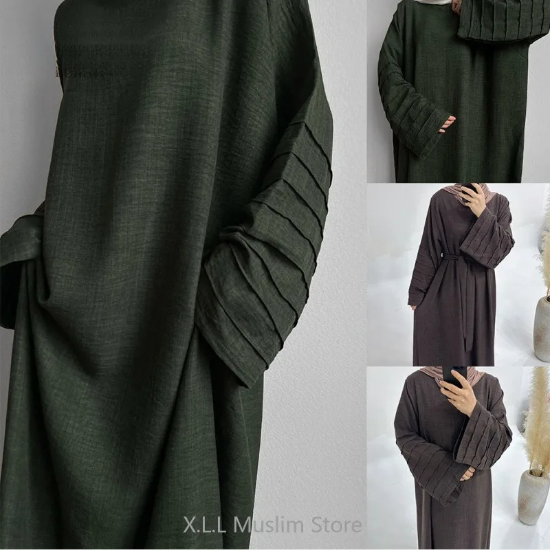 Eid Muslim Ramadan Abaya Pleated Sleeve Lace-up Kaftan Dubai 2024 Luxury Dress Modest Women's Prayer Garment Robe Femme Musulane