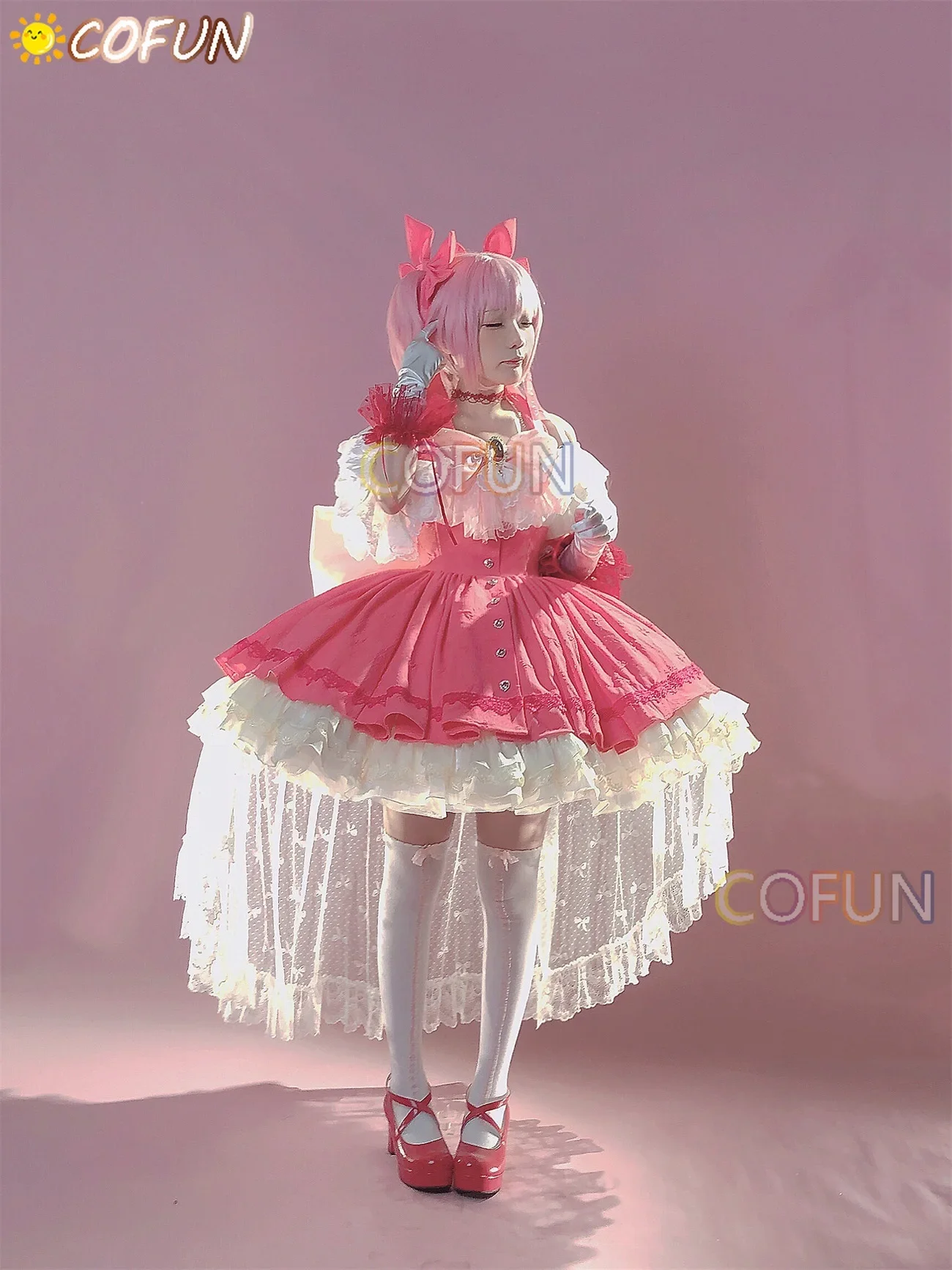 COFUN Amine Puella Magi Madoka Magica Cosplay Costume Gorgeous Wedding Dress Halloween Women Pink Outfits Lolita Anime Clothes