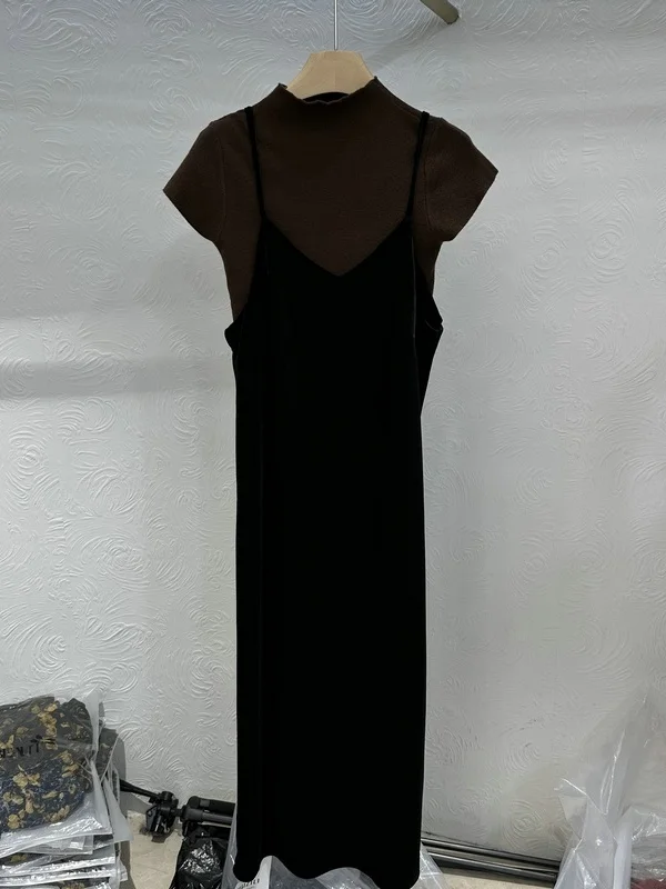 

Elegant Velvet Long Dress Knitted Shirt Stand Collar Adjustable Vest Dress Women Casual Style Standard Fit Short Sleeve Dress