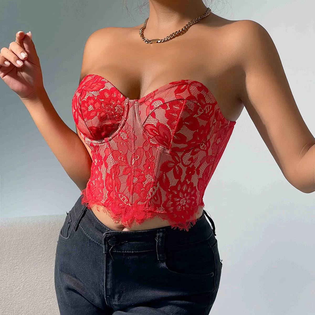 Lace Floral Corset Crop Tops Summer French Sexy Backless Camis Woman Clothes Fashion Slim Lingerie Bustier Tank Top with Buckle