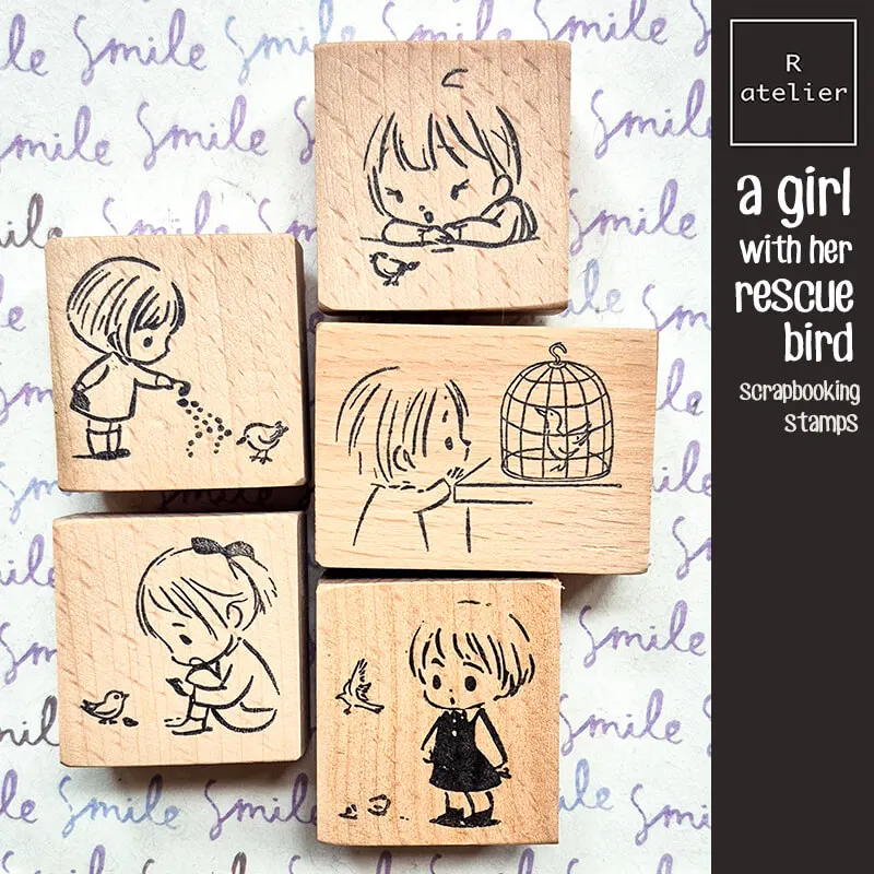 ختم سكرابوكينغ Kawaii فتاة وطيور قصة الطفولة الذاكرة مذكرات الديكور المجلات لطيف فتاة طوابع خشبية #1