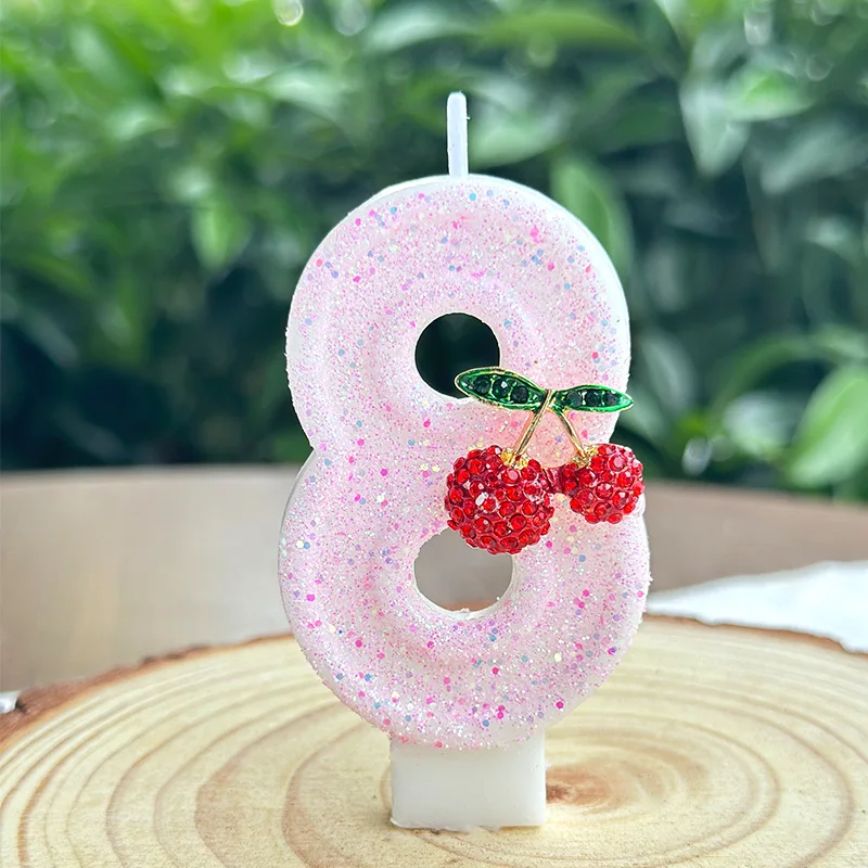 Cute Pink Cherry Digital Candles, Super Shiny Pink Sequined Birthday Candles, Festival Party Dessert Cake Decoration Plugins