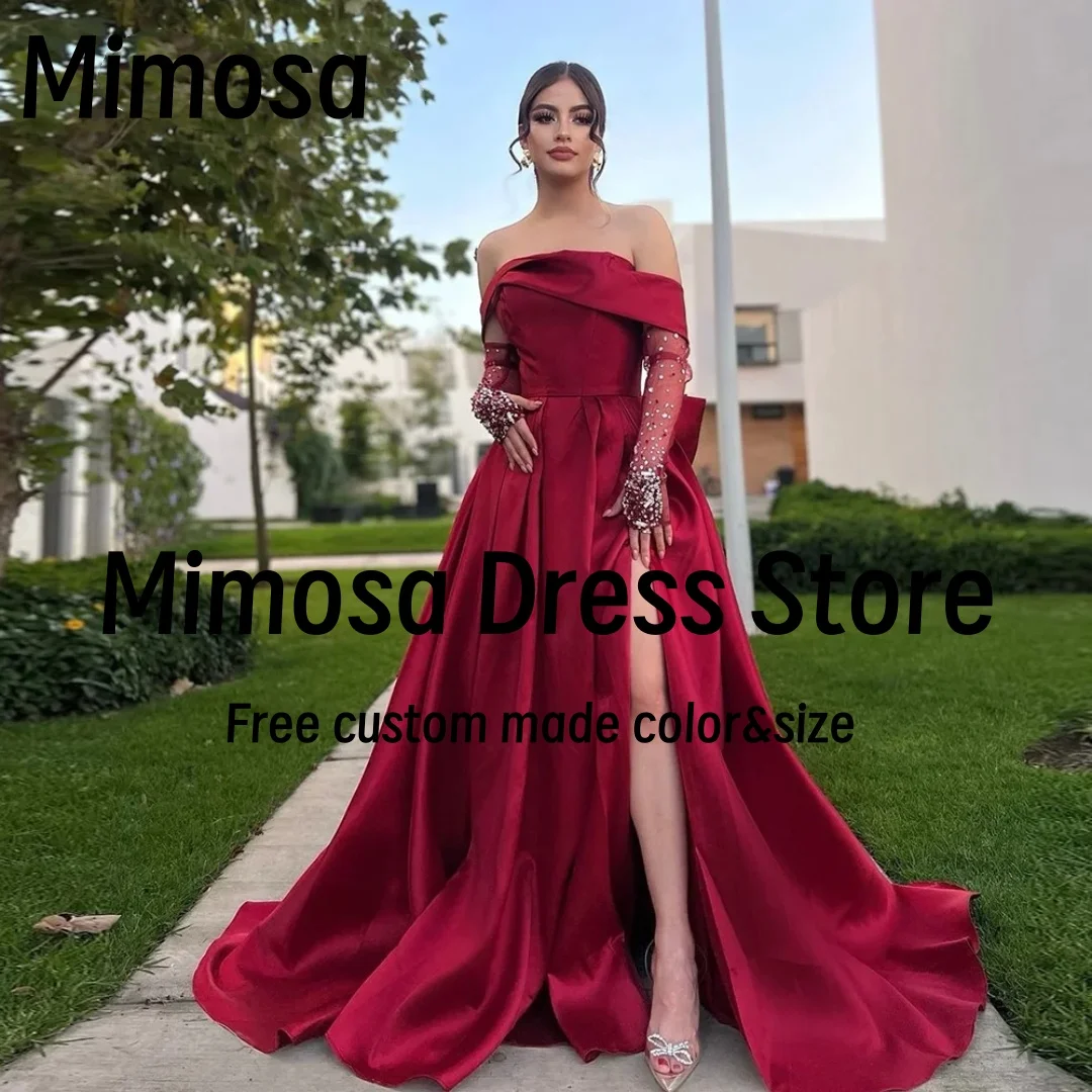 Mimosa Side Slit Ruched Satin Prom Dresses Off Shoulder Beaded Long Sleeves Evening Gowns with Bow Vestidos De Noches Customized