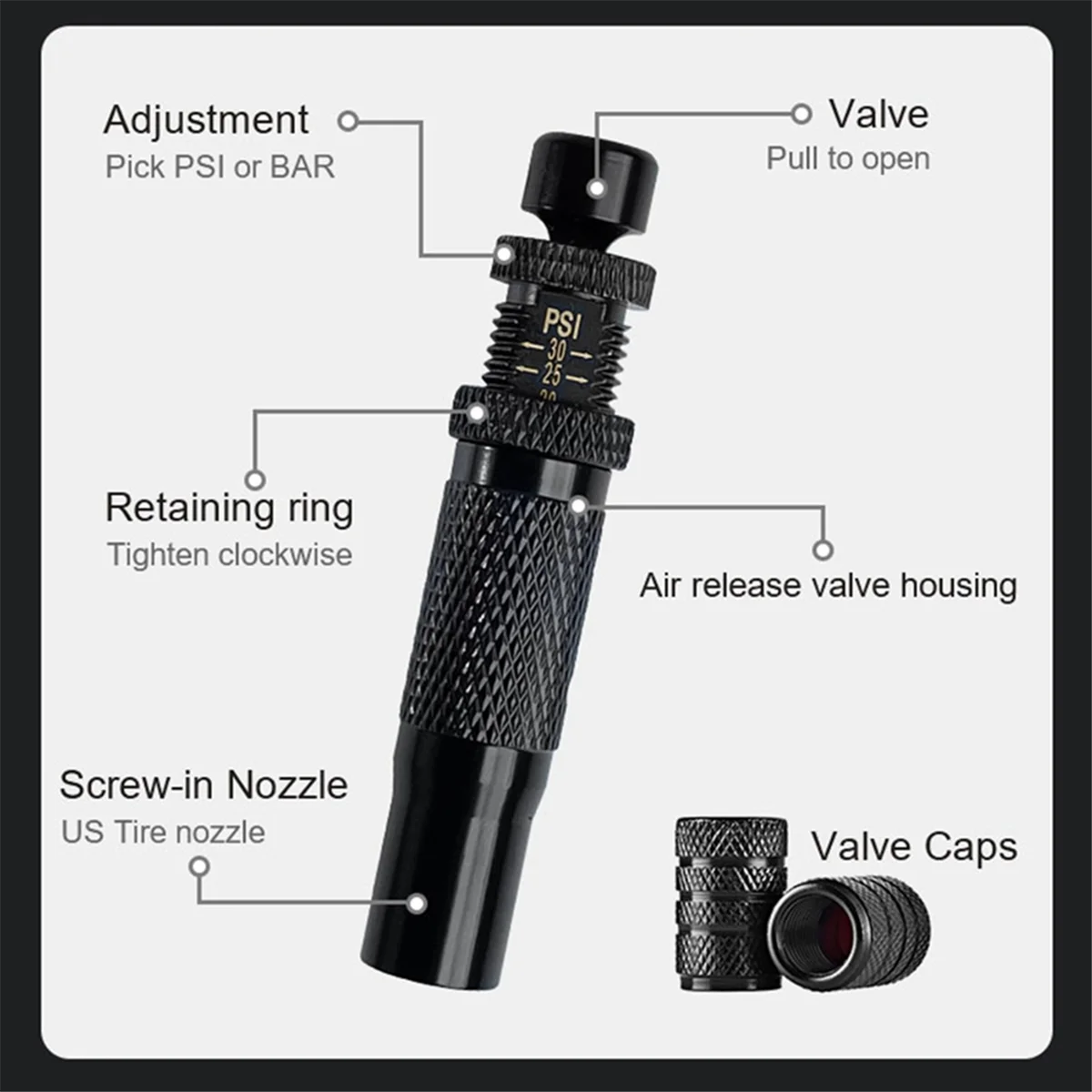 自動タイヤデフレーター4個セット,調整可能な圧力,オフロード車,オートバイのバルブキャップ,4個に適しています