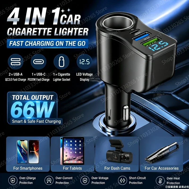 66W Multifunctional Car Cigarette Lighter Splitter, PD 30W & QC 3.0 Fast Charger with LED Voltage Display