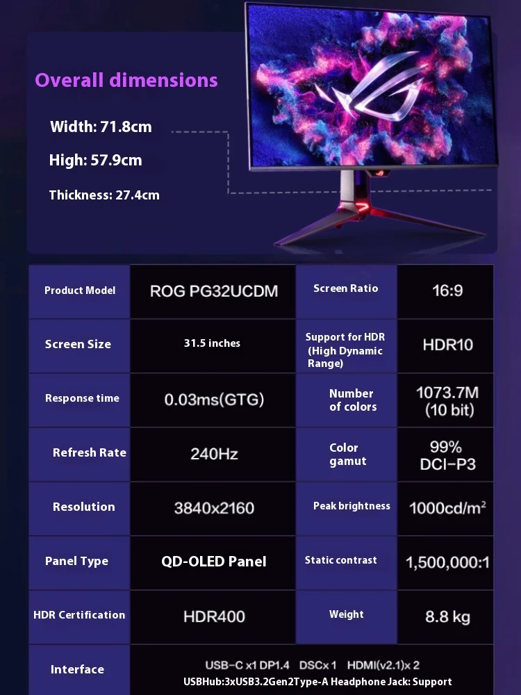 Originale ROG PG32UCDM Monitor da 31.5 pollici 4K 240HZ 16:9 3840x2160 IPS schermo di visualizzazione Desktop Laptop Monitor Office Gamer PC Gaming