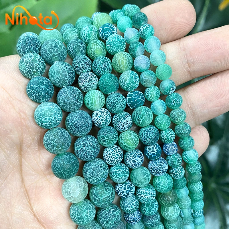 Natural Frost Crab Green Cracked Agates Round Beads Diy Bracelet Earrings Accessories 15