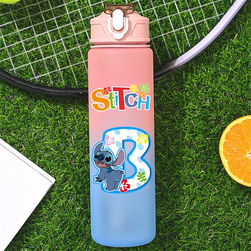 Lilo & Stitch 750ML 영어 알파벳 학생 애니메이션 그라디언트 밀짚 물병 성인 피트니스 컨버터블 밀짚 플라스틱 물병
