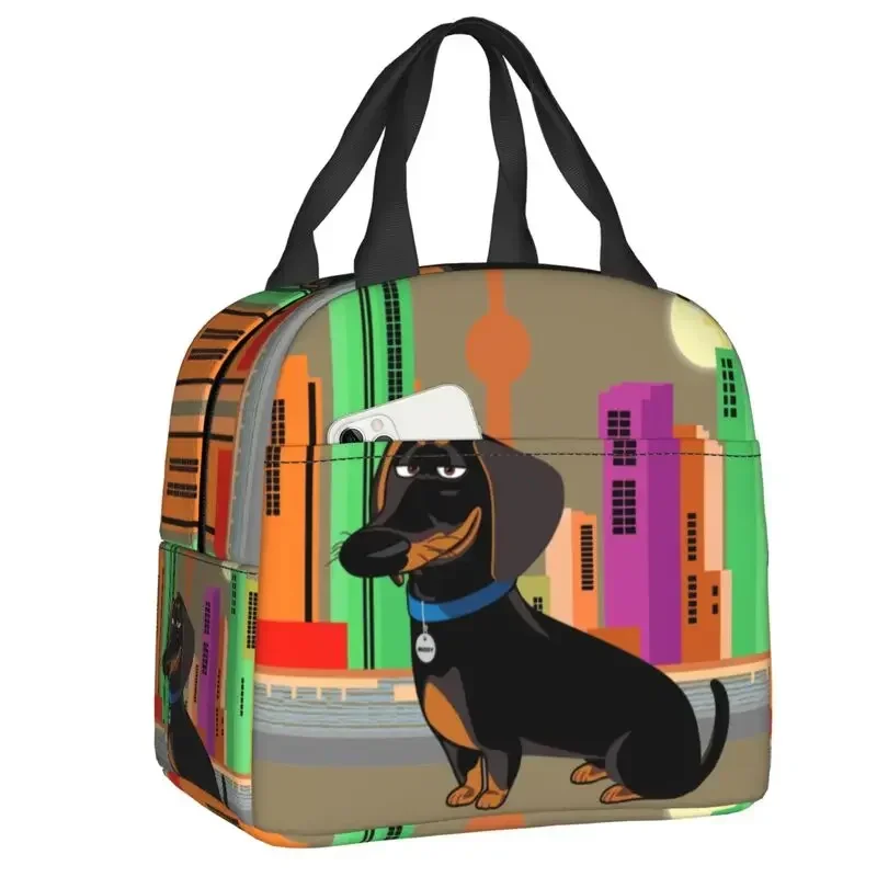 Couple Dachshund Dog Pattern With Heart Insulated Lunch Bag for School Office Sausage Dackel Resuable Cooler Thermal Lunch Box