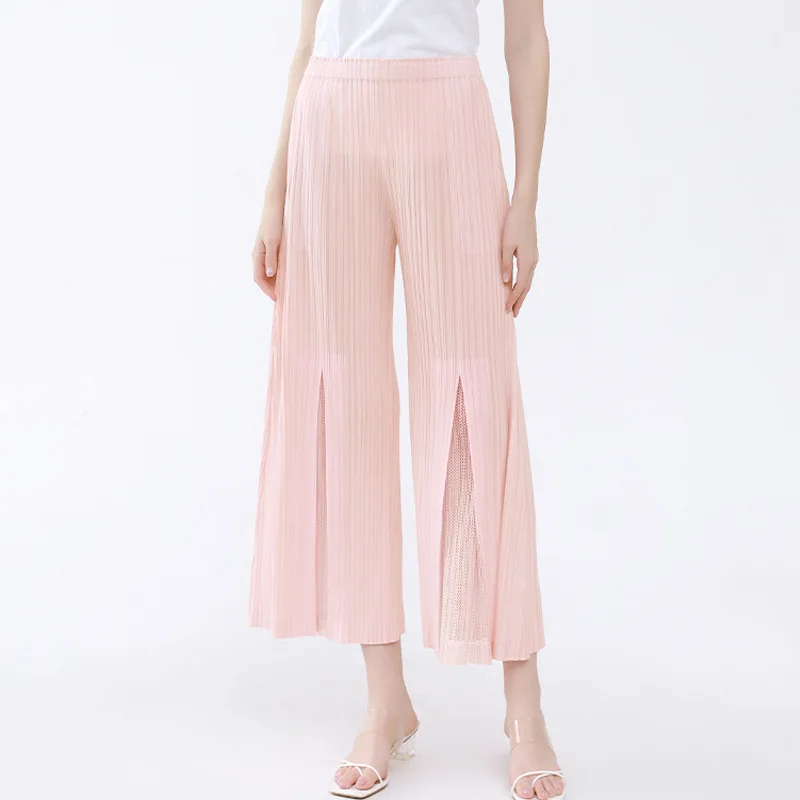 

MIYAKE The new summer thin pants with split hem casual pants for women's elastic and slim legs, solid color stitching [6144]