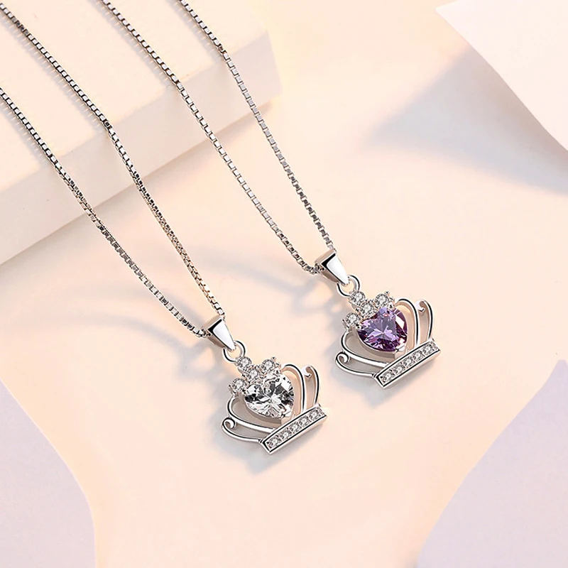 925 Sterling Silver Jewelry Purple Heart Zircon Crown Pendant Necklaces Women Birthday Gift Fashion Fine CZ Charm Clavicle Chain