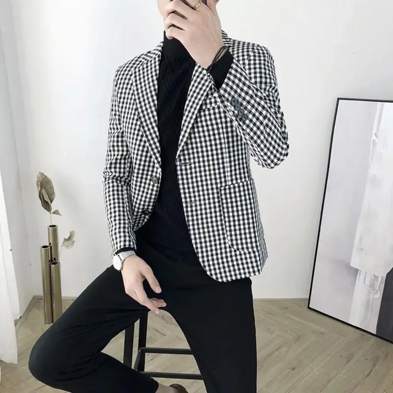 Plaid Male Blazer Coat Dress Jackets Men\'s Suit Business Black Korean Style Clothes Fashion 2024 Menswear Clothing Casual Spring