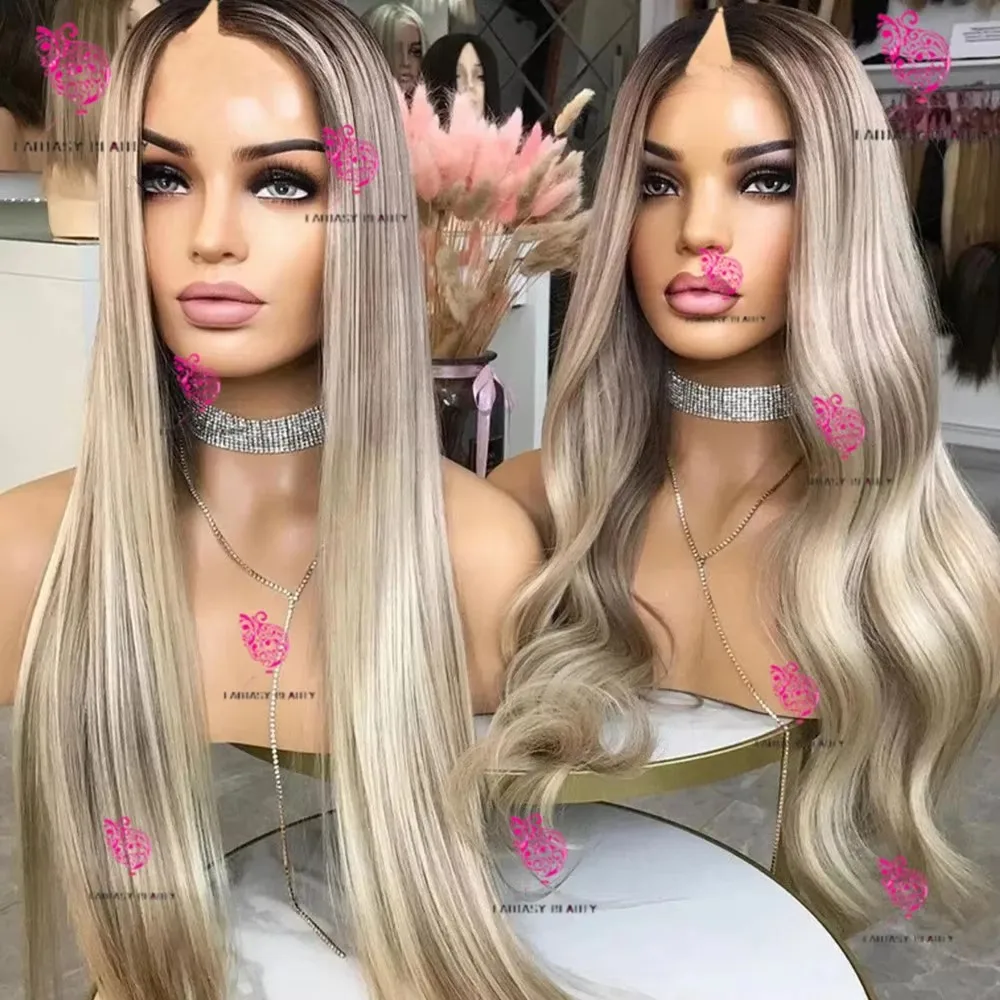 Peluca de media cabeza barata con cabello 100% humano europeo rubio platino, sin pegamento, liso/ondulado, con parte en V, puntas gruesas, para uso diario, en forma de U