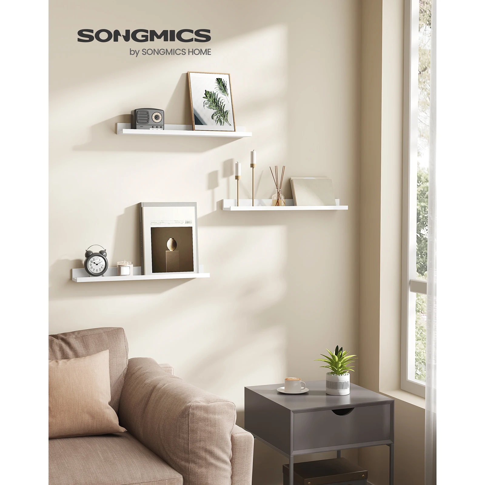 SONGMICS Floating Shelves Set of 3, Wall Shelves Ledge, 10 x 60 cm, for Picture Frames and Books, Living Room, Hallway, Bedroom