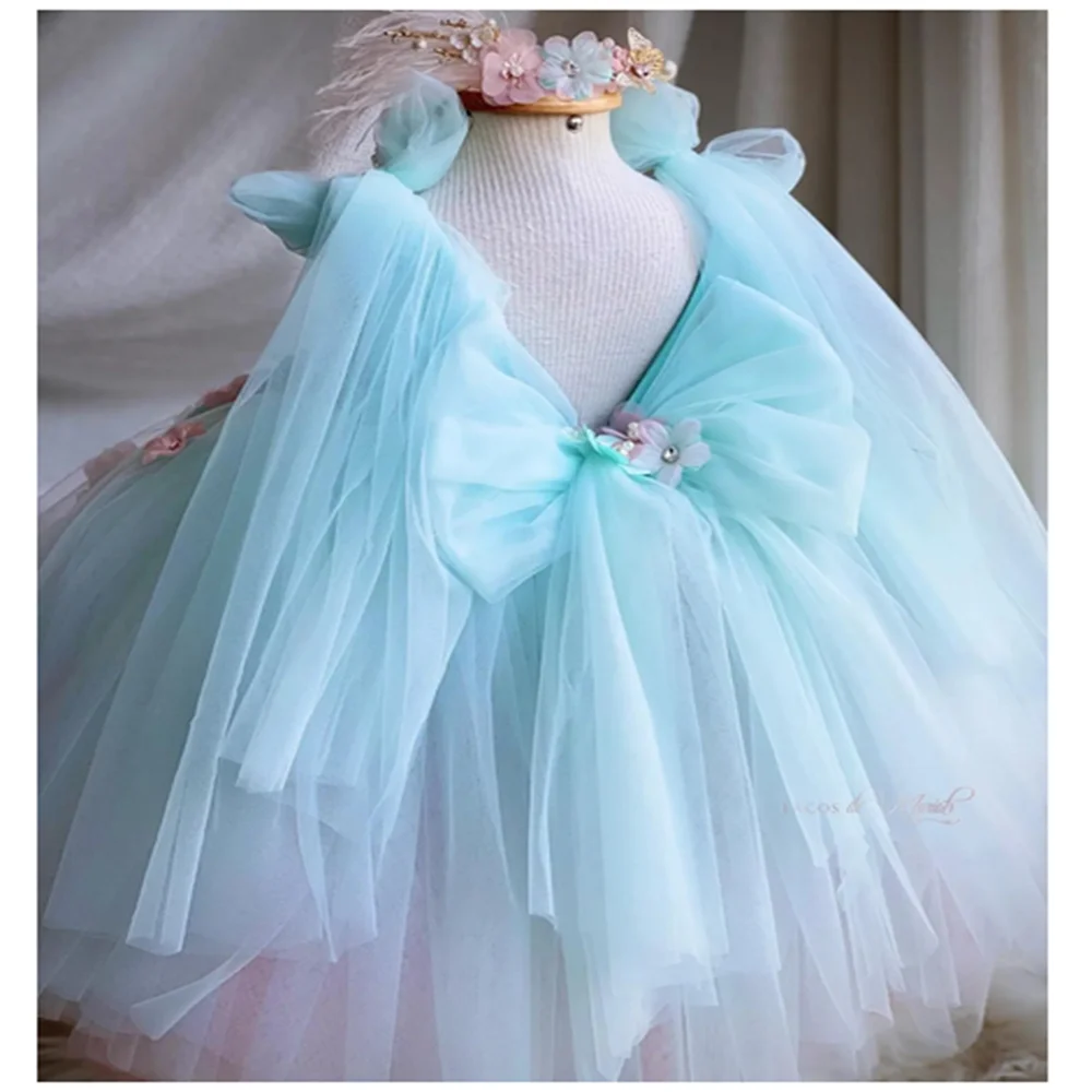 Flower Girl Dresses Cute Light Blue  For Wedding Kids Butterfly Bow Party Girls Pageant Dresses Appliqued Birthday Photoshoot