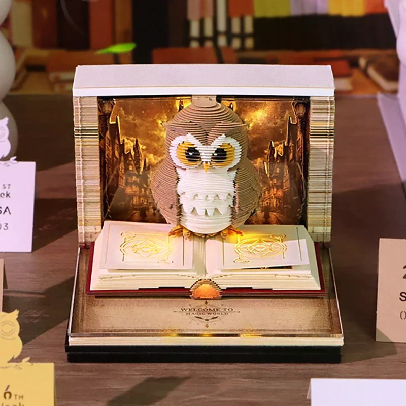 Time Piece Calendar 2026 Desk Calendar With Light 3D Magic Owl Calendar Paper Carving Art Memo Pad Notepad Gift for Christmas