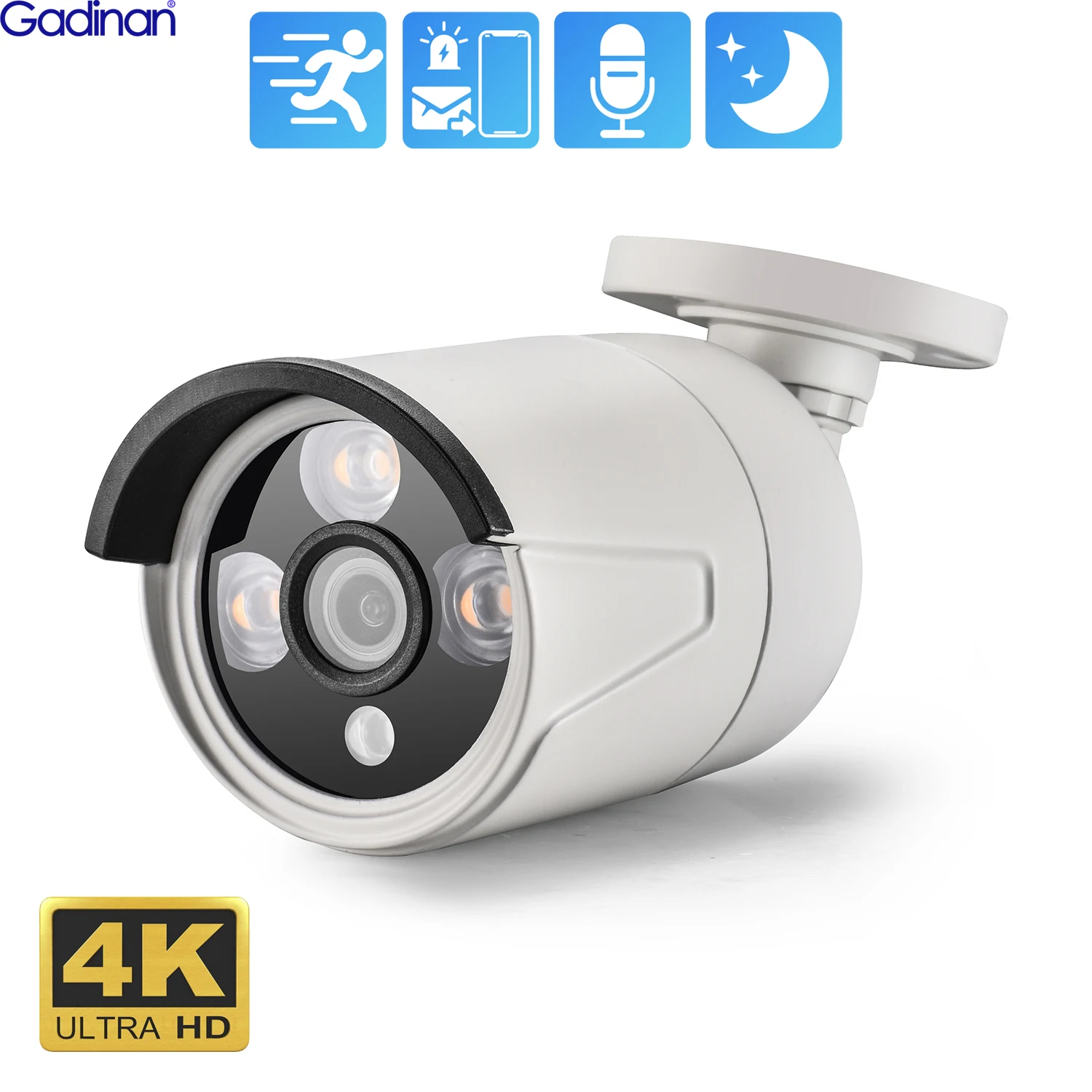 Gadinan New 4K 8MP IP Camera SONY IMX415 Audio Outdoor POE H.265+ Onvf Metal Bullet CCTV Home 4MP Array infrared Security Camera