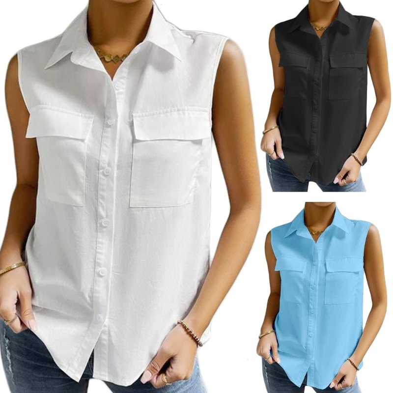 Women Button Down Shirt Tunic Top Sleeveless Blouses Summer Blouses Top Dropship