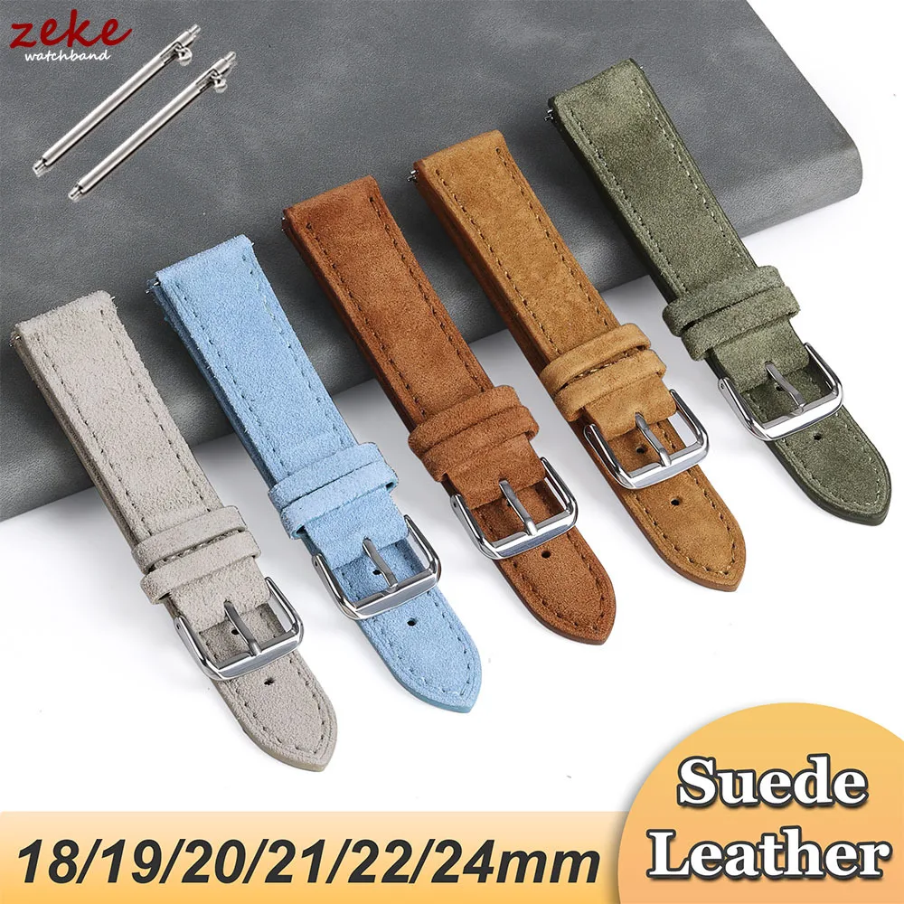 Echtes Wildleder-Rindsleder-Uhrenarmband, 18 mm, 19 mm, 20 mm, 22 mm, 24 mm, Vintage-Uhrenarmband, braun, grün, Schnellverschluss-Armband für Männer und Frauen