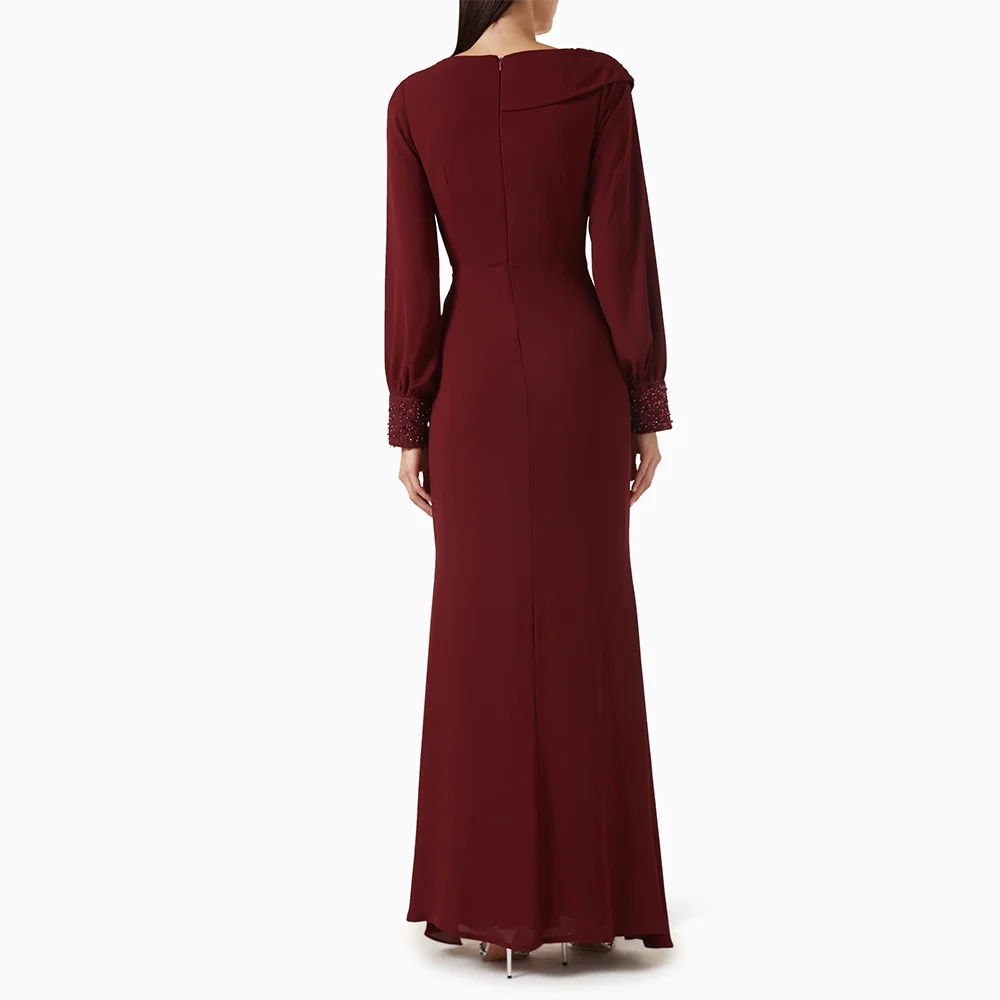 Implie イブニングドレス V ネック 長袖 プリーツ シフォン A ライン イブニングドレス フロアレングス プロムドレス ドレス カスタマイズ