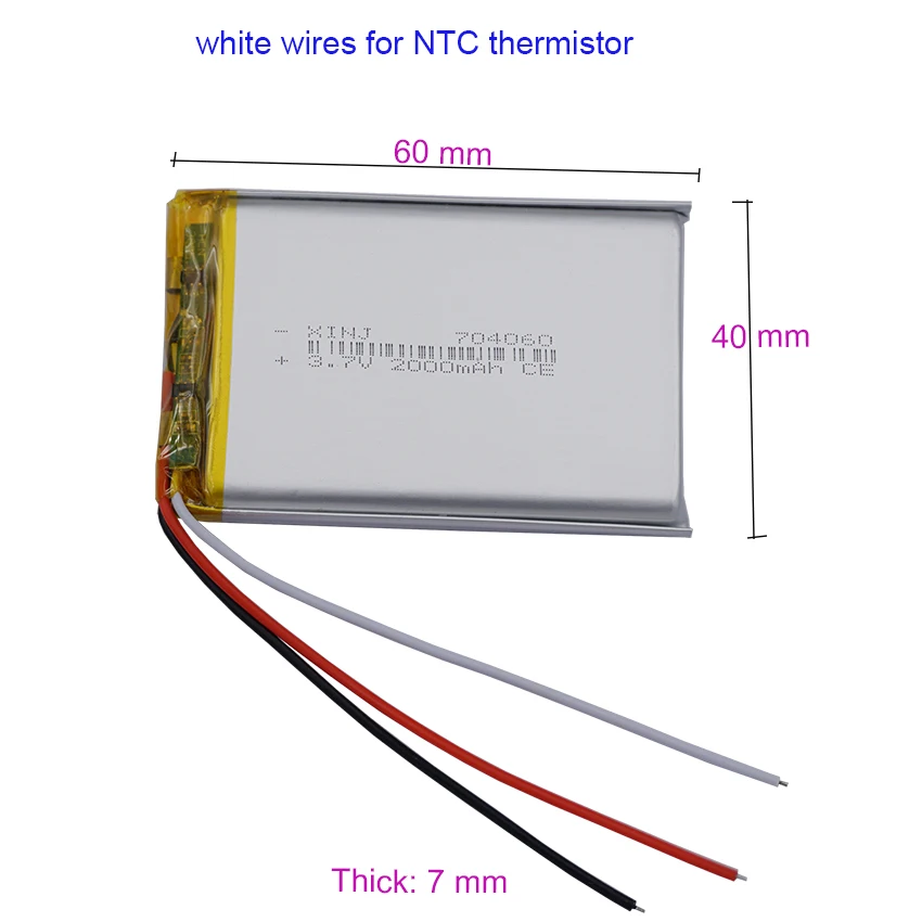 3.7V 2000mAh 7.4Wh Li-Polymer Rechargeable Li Lithium Battery 704060 Li-po NTC 3-Wires Thermistor For GPS Bluetooth Speaker LED