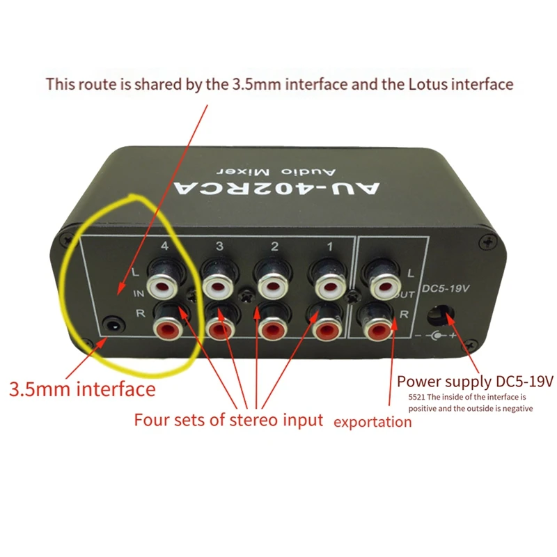AU-402RCA Stereo Audio Mixer Multi-Channel Audio Source Reverberator Volume Control 3.5mm Headphone Driver 4 Input-ELEC