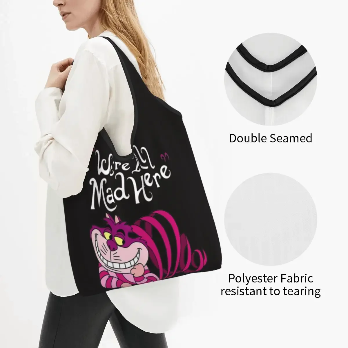 Custom Fashion Printing Shopping Tote Bags Portable Shopper Shoulder We're All Mad Here Cat Handbag