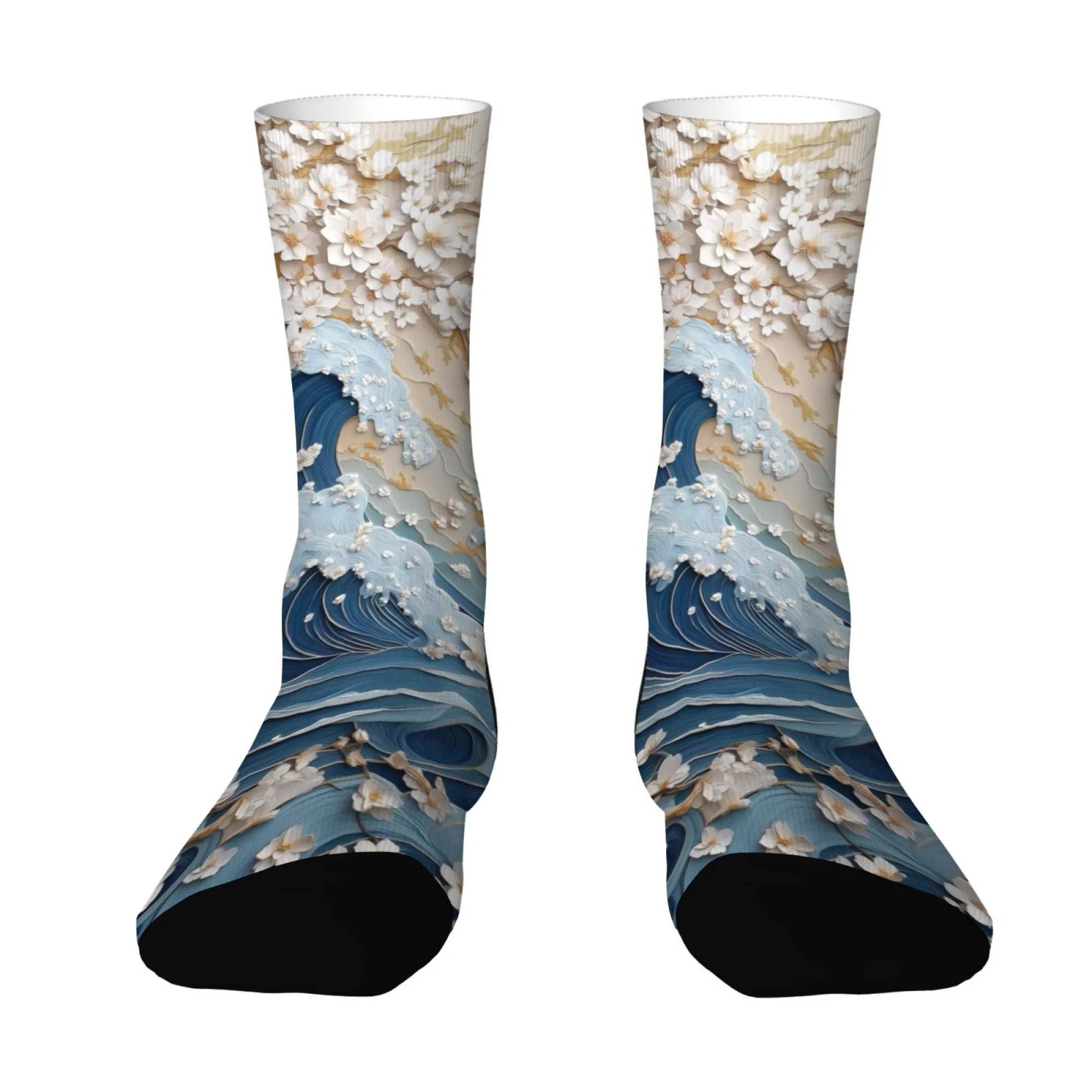 ウェーブレリーフテクスチャソックス 3Dエンボス加工 海景デザイン 日本の美的スタイル 禅 ミニマリスト クルーソックス メンズ スポーツ サイクリング