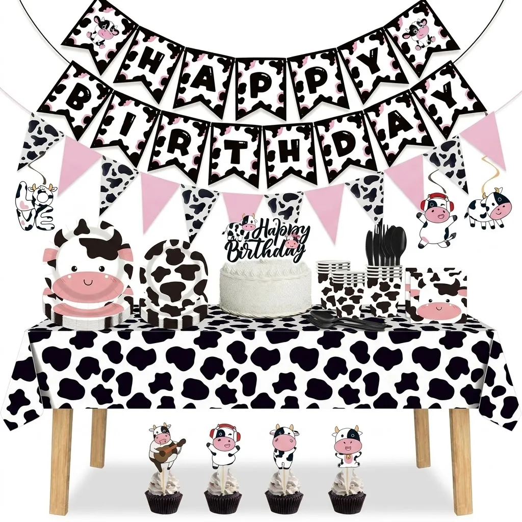 Niedliches Kuh-Themen-Partyset, Bauernhof-Tier Geburtstagsdekoration, Moo Tischgeschirr-Set mit Papptellern, Bechern, Tischdecke, Babyparty- und Kinderfavors – Detail 1