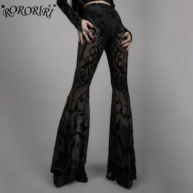 

RORORIRI Sheer Lace Flocked Floral Bootcut Pants Women Elastic Waist Flare Leggings Solid Black Trousers Goth Punk Retro Clothes