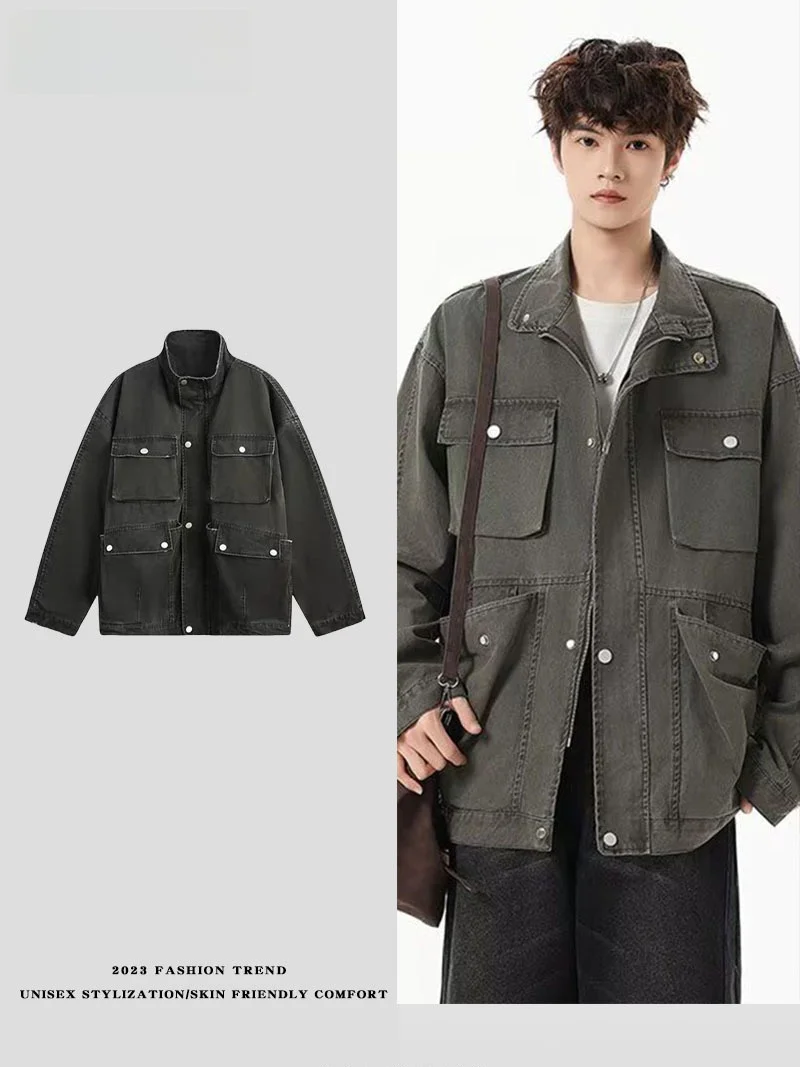 

Винтажная рабочая джинсовая куртка в стиле ретро с длинными рукавами, множеством карманов, свободного кроя, средней длины, на молнии