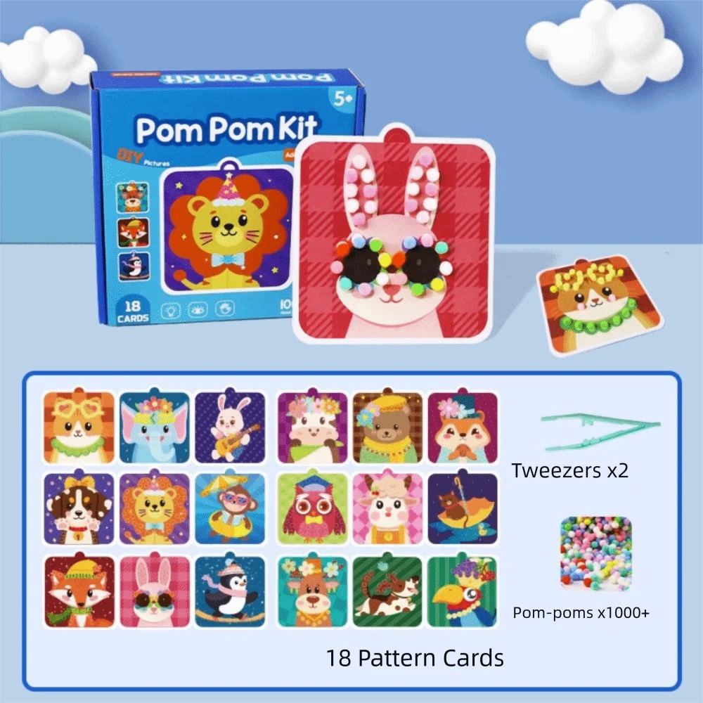 Material artesanal crianças adesivo livro educacional hairball animal pompom arte kit dos desenhos animados montessori pompom artesanato brinquedo