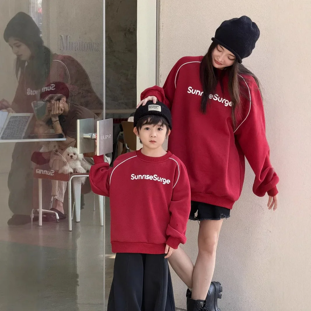 Winter Family Thick Sweatshirts Mother Father and Daughter Son Same Warm Red Clothing Korean Parent-child Matching Clothes Tops