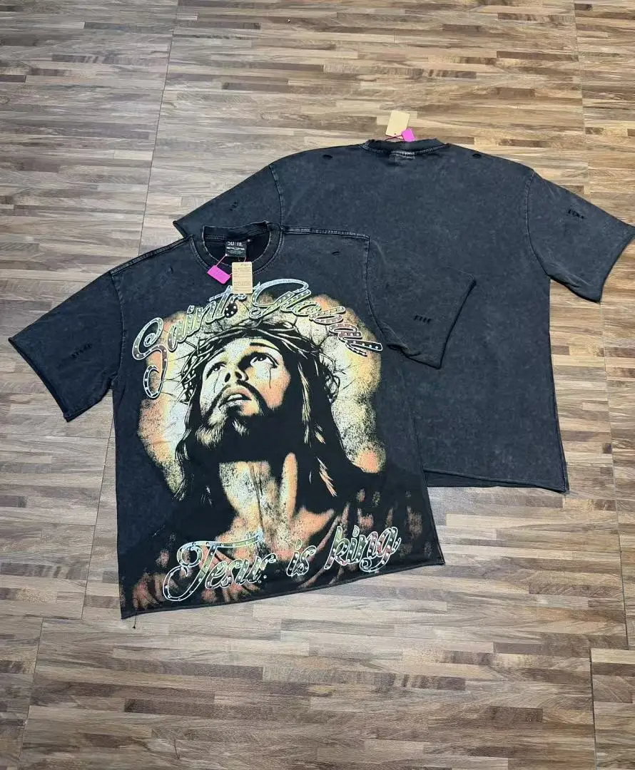 Oversized Distressed Washed Saint Global Jesus Print T Shirt Men Hip Hop Rhinestone Script Religious Vintage Short Sleeve Tees