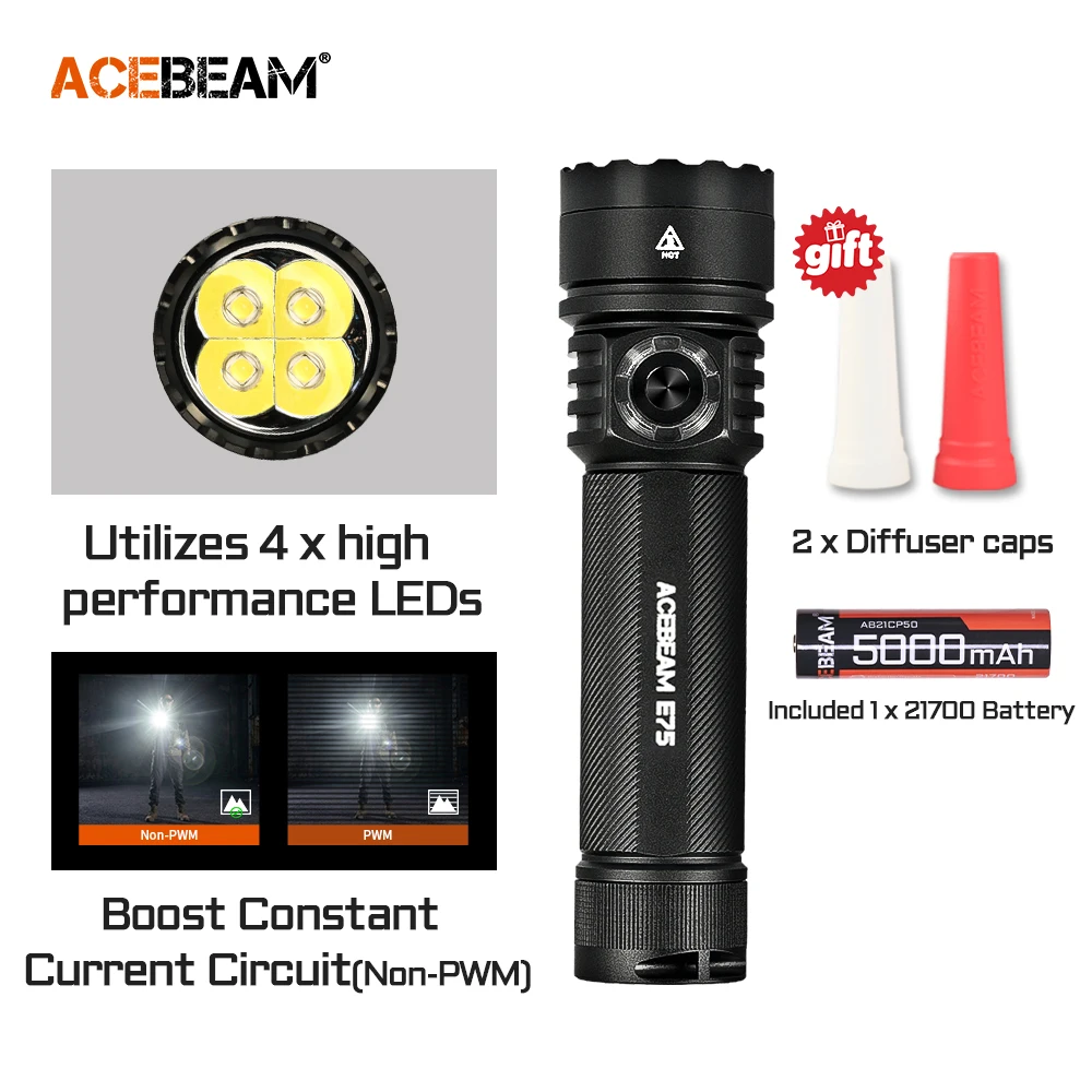 Latarka LED ACEBEAM E75 Quad-Core, ładowana przez USB-C, z baterią 21700, 4500LM, zasięg 260M, mocna latarka z funkcją stroboskopu.