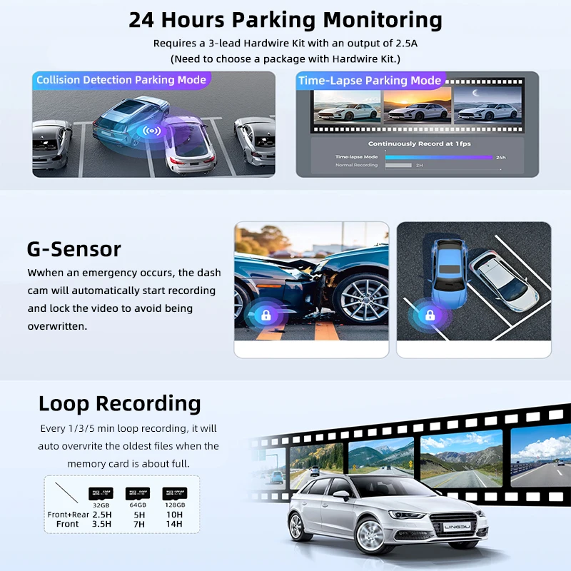 Ultra HD Dash Cam 4K Loop Recording 24H Parking Monitoring Optional 1080P Night Vision Rear Camera Supports WiFi APP Control