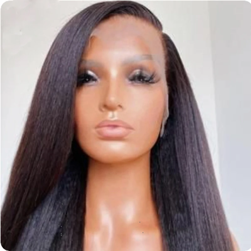 Zachte Yaki 26 inch lange kinky rechte haarkant voor vrouwen synthetische voorgeplukte lijmloze dagelijkse slijtage pruik